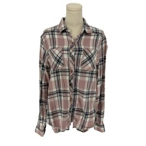Love Notes Button Down Shirt Mauve Pink Plaid 100% Cotton Large